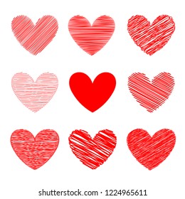 Set red hearts hand-drawn. Concept of love. Hearts design on white background. Design elements for valentine's day. Vector illustration.