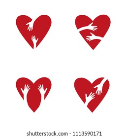 Set of Red hearts and hands. Love, Hope, Care Logo, Vector Illustration