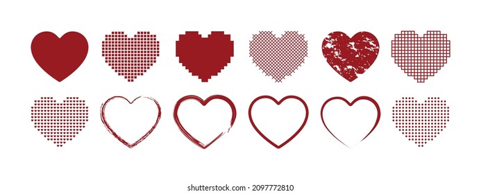 Set of red hearts Hearts icon collection Valentine's day frame Pixel heart design