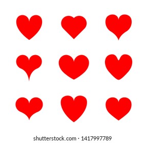 Set of red hearts icon. Flat symbol of romantic, passion, valentine's day gift card heart shape. Simple style sign of love. Collection of various silhouettes. Abstract vector illustration.