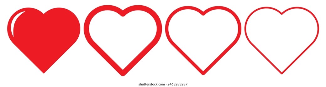 Set of red hearts icon. Set of love symbols isolated on white background. Heart, love, romance or valentine's day red love vector icon for apps, logo, websites. Vector illustration.
