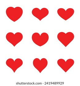 Set of red hearts icons different shape. Vector illustration