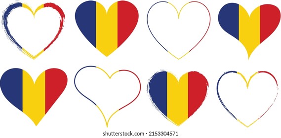 set of red hearts icons with flag of Romania - vector illustration design element