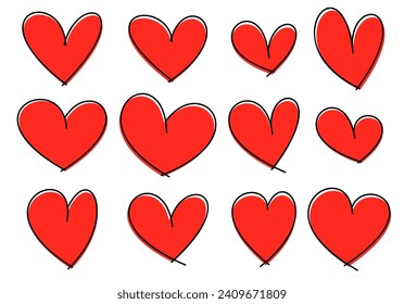 Set of red hearts icons. Hand drawn line art effect, Happy Valentine's day card or banner or letter template. Vector illustration.