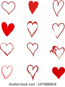 Set of red hearts isolated on white background. Hand drawn hearts. Design elements for valentines day. For wedding design