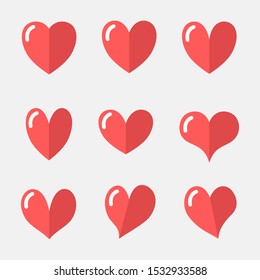 Set of red hearts isolated on white background.
