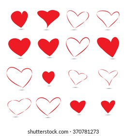 Set of red hearts isolated on white background.