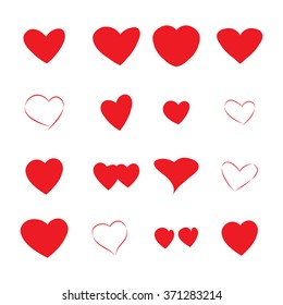 Set of red hearts isolated on white background.