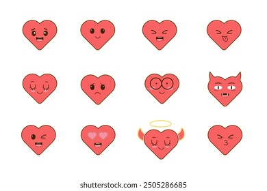 Set of red Hearts with Kawaii  Emotions. Isolated Hearts Icons on white background. Vector illustration.