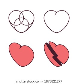 Set of red hearts. Line, full and broken heart. Icon set with different types of heart. 3d illustration for web banners