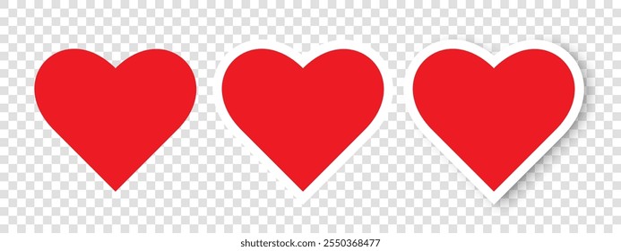 A set of red hearts on a transparent background. Vector icons of hearts for the Internet, Valentine's day. A collection of 3 hearts. Vector EPS 10.