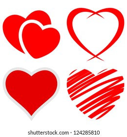 Set of red hearts on a white background. Vector.