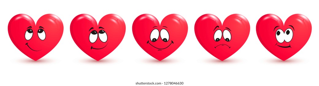 Set of red hearts on white background. The main symbol of Happy Valentine's Day. Red heart with smile for your design for the holiday of Valentine's Day. Vector illustration