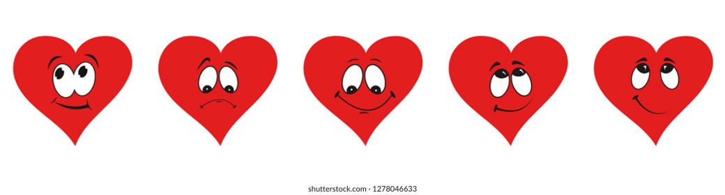 Set of red hearts on white background. The main symbol of Happy Valentine's Day. Red heart with smile for your design for the holiday of Valentine's Day. Vector illustration