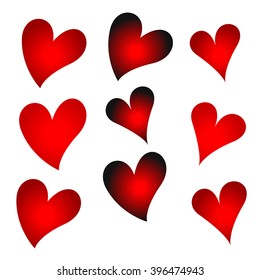 Set of red hearts on white background