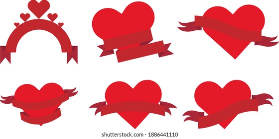 set of red hearts with ribbons in flat style