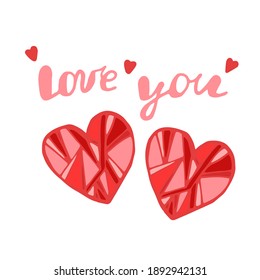 
Set with red hearts, Romantic Poster as a gift for a loved onePrint for Valentine's Day, Inscription - I love you, Vector image in doodle style, Hand draw, Wrapper for Valentine's Day.