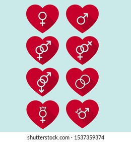 Set of red hearts with shadows and with gender signs carved into them (men, women, sexual orientation, wedding rings, crowns), blue background, vector graphics, vector illustration