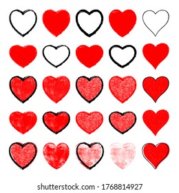 Set red hearts signs with black contour and texture created in handmade watercolor technique. The graphic element saved as a vector illustration in the EPS file format for used in artistic and design