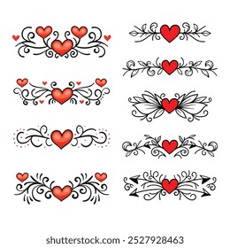 Set of red hearts signs drawn by wax pencil. Love symbols in doodle style. Collection of hand drawn kid hearts elements for valentine card or rock, hip hop music poster design. Vector illustration.