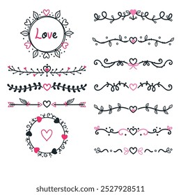 Set of red hearts signs drawn by wax pencil. Love symbols in doodle style. Collection of hand drawn kid hearts elements for valentine card or rock, hip hop music poster design. Vector illustration.