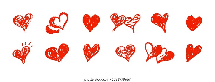 Set of red hearts signs drawn by wax pencil. Love symbols in doodle style. Collection of hand drawn kid hearts elements for valentine card or rock, hip hop music poster design. Vector illustration