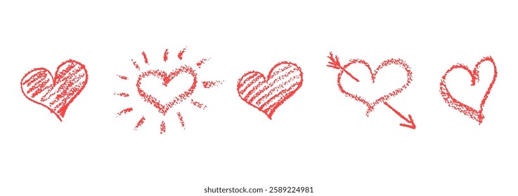 Set of red hearts signs drawn by wax pencil. Love symbols in doodle style. Collection of hand drawn kid hearts elements shaded, with sun rays, pierced by an arrow. Vector illustration.