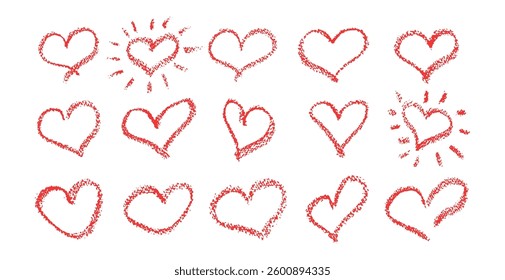 Set of red hearts signs drawn by wax pencil. Love symbols in doodle style. Collection of hand drawn kid hearts elements for valentine card or rock, hip hop music poster design. Vector illustration