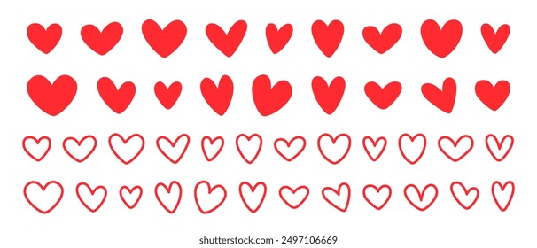 Set of red hearts, stylized hearts of different shapes on a white background. Hearts for Valentine's Day. Vector illustration. Love romance and wedding symbols
