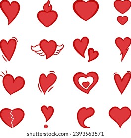 Set of Red Hearts. Symbol of Love. Collection of 16 Hearts. Vector Illustration of Hearts for Valentine's Day