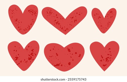 Set of red hearts with texture.  Various heart silhouettes.