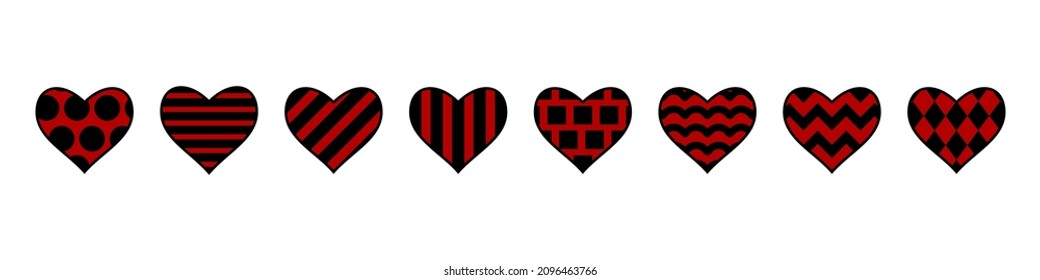 Set of red hearts for Valentine's Day, hearts icon with stylish geometric patterns. 