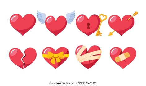 Set Red Hearts for Valentines Day or Wedding Greeting Card. Wing with Wings, Key and Keyhole, Arrow and Wrapped with Bow. Broken and Bandaged with Patch, Love Symbols. Cartoon Vector Illustration