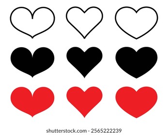 Set of Red hearts in various styles and poses. Heart icons for love, valentine, romance, and decoration. Collection of red heart vector icons for web, design, and romantic themes. Vector illustration.