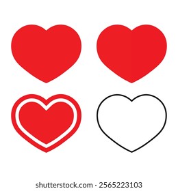 Set of red hearts in various styles and poses. Heart icons for love, valentine, romance, and decoration. Collection of red heart vector icons for web, design, and romantic themes. Vector illustration.