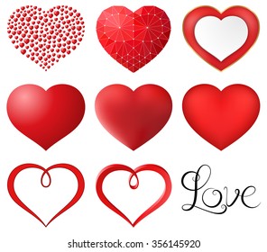 Set of red hearts vector illustration.