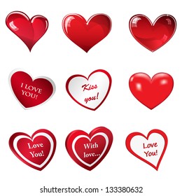 Set of red hearts with and without inscriptions