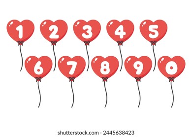Set of red heart-shaped numbered balloons illustration for baby and kids party decoration.