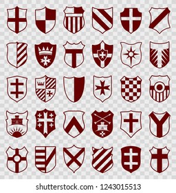 Set of red heraldic shields with emblems on transparent background. Isolated shields icons collection. Vector silhouette elements for design.