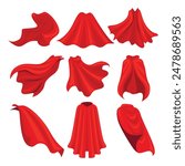 Set of red hero cape collection, power man cloak, red superhero cloak hero for discount banner, child fashion mantle illustration, Red curtain,Red superhero cloak, super hero cloth or silk flying cape