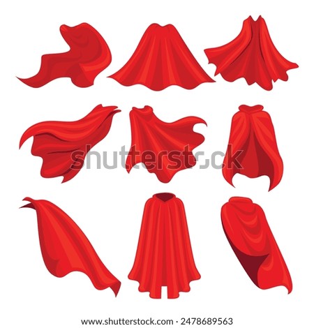 Set of red hero cape collection, power man cloak, red superhero cloak hero for discount banner, child fashion mantle illustration, Red curtain,Red superhero cloak, super hero cloth or silk flying cape