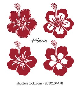 Set of red hibiscus flowers. Design elements. Vector illustration.