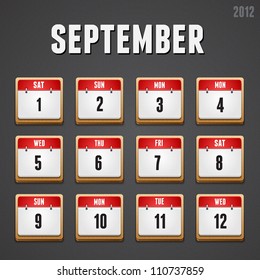 Set of red high-detailed calendar icons for September 2012. This vector image is fully editable.