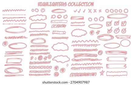 Conjunto de marcadores vermelhos. Grande coleção de contorno desenhado à mão