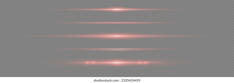Set of red horizontal glowing rays and glare of light, neon line on a black background. Vector illustration