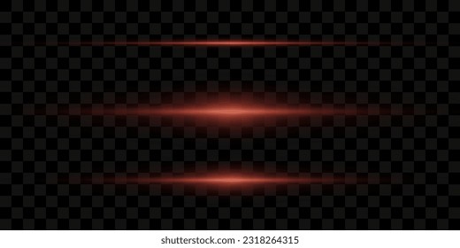 Set of red horizontal highlights. Laser beams, horizontal light beams. Beautiful light flashes. Glowing stripes on a transparent background.
