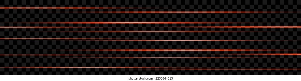 Set of red horizontal highlights, lines. Laser beams, horizontal beams of light. Beautiful light flashes. Glowing stripes on a transparent background.
