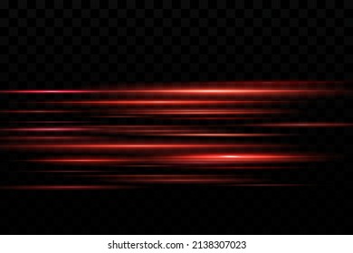 Set of red horizontal lens flares. Laser beams, horizontal light beams. Beautiful highlights. Glowing stripes on a dark background.