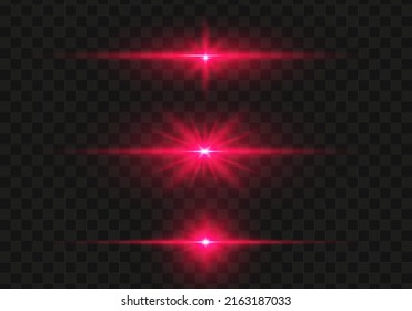 Set mit roten horizontalen Objektivfackeln. Abstrakte Lichtfackeln, Laserstrahlen, funkelnde Linien, horizontale Lichtstrahlen. Vektorgrafik.