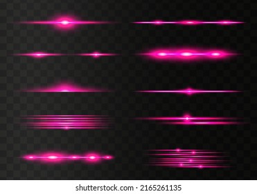 Set of red horizontal lens flares pack. Abstract light flares, laser beams, sparkling lined, horizontal light rays. Vector illustration.